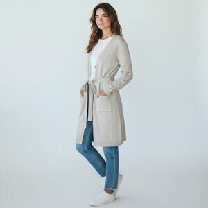 Ralph Lauren Cashmere Sweater Cardigan Leather Elbow Patches Gray Tie Waist